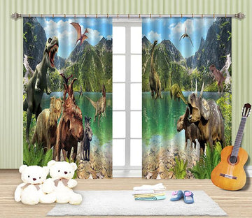3D Mountains Lake Dinosaurs 2250 Curtains Drapes Wallpaper AJ Wallpaper 