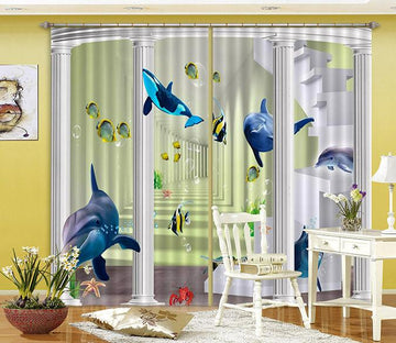 3D Pillars Corridor Dolphins 370 Curtains Drapes Wallpaper AJ Wallpaper 