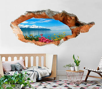 3D Blue Lake Flowers 377 Broken Wall Murals Wallpaper AJ Wallpaper 