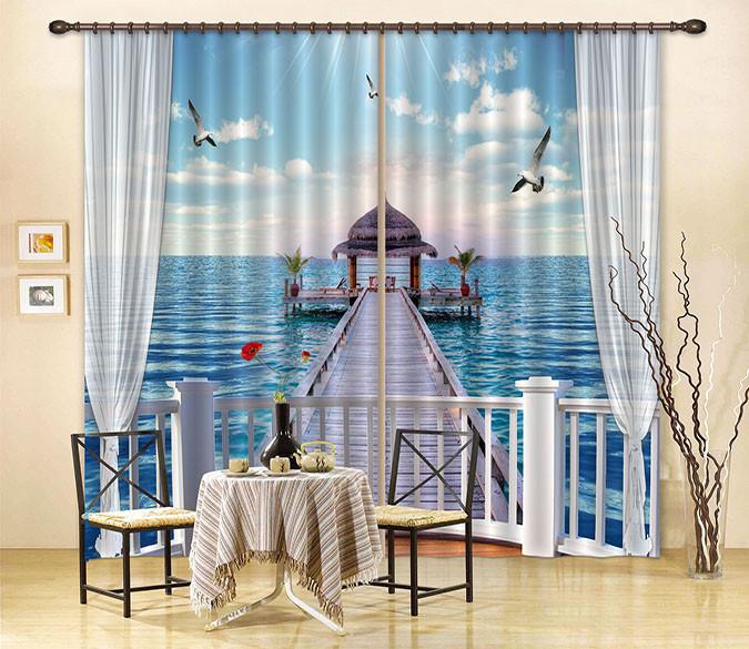 3D Balcony Sea Pavilion 44 Curtains Drapes Wallpaper AJ Wallpaper 