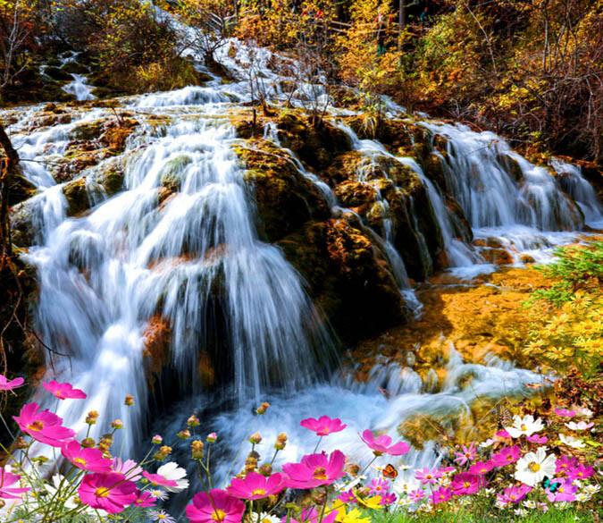 3D Waterfall And Flowers Floor Mural Wallpaper AJ Wallpaper 2 