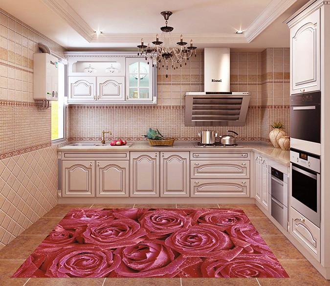 3D Roses Dews Kitchen Mat Floor Mural Wallpaper AJ Wallpaper 