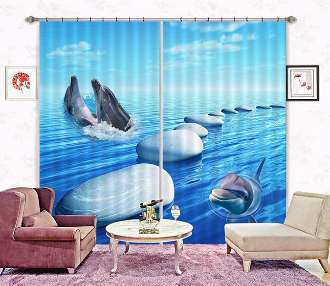 3D Blue Sea Dolphins 2238 Curtains Drapes Wallpaper AJ Wallpaper 