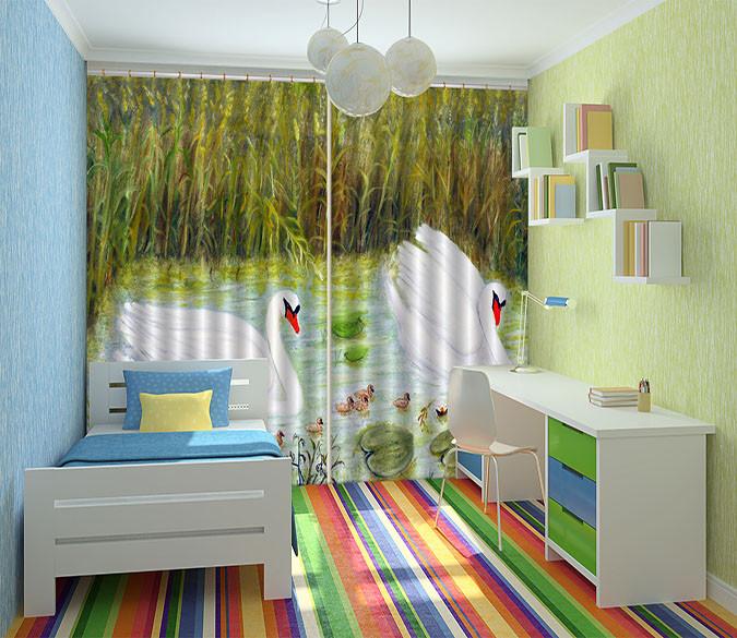 3D Pond White Swans 697 Curtains Drapes Wallpaper AJ Wallpaper 