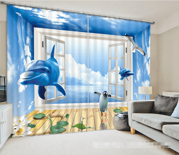 3D Sea Window Dolphins 1237 Curtains Drapes Wallpaper AJ Wallpaper 