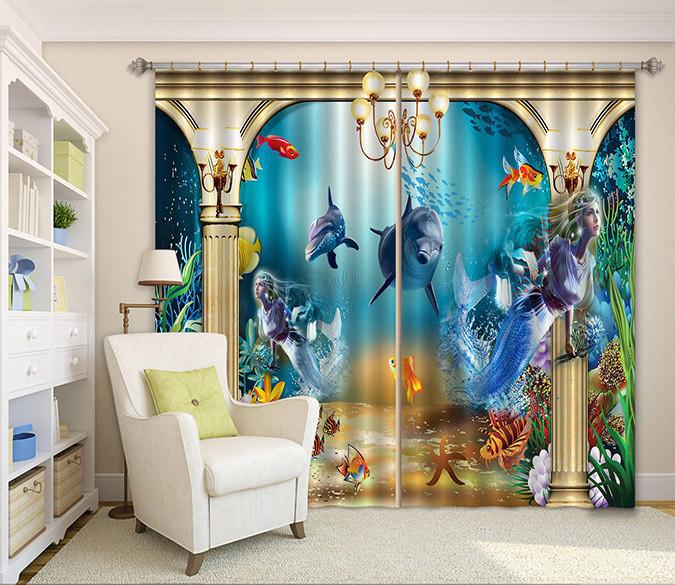 3D Seabed Mermaids Pillars 205 Curtains Drapes Wallpaper AJ Wallpaper 