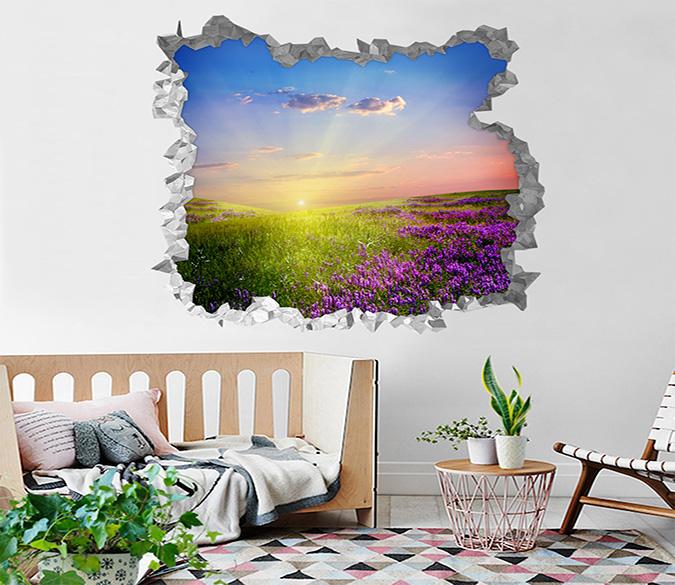 3D Mountain Flowers Sunset 237 Broken Wall Murals Wallpaper AJ Wallpaper 
