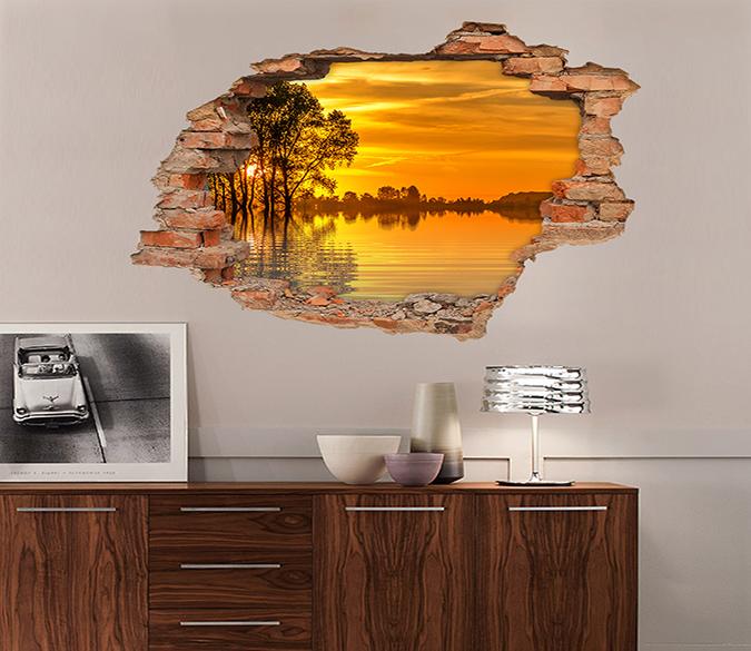 3D Lake Sunset Scenery 91 Broken Wall Murals Wallpaper AJ Wallpaper 