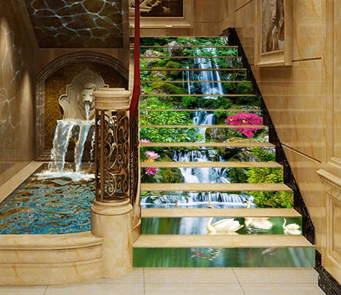 3D Creek Swans 1530 Stair Risers Wallpaper AJ Wallpaper 