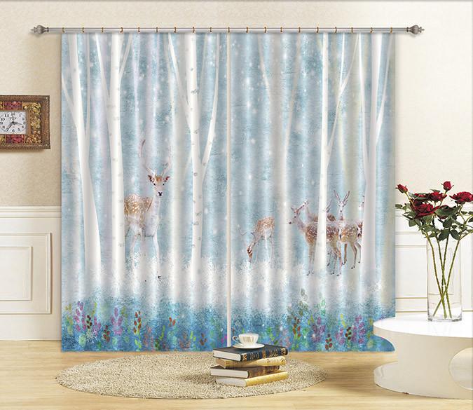 3D Snowing Forest Deer Curtains Drapes Wallpaper AJ Wallpaper 