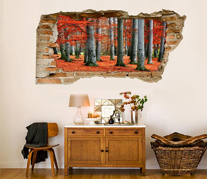 3D Forest Red Trees 354 Broken Wall Murals Wallpaper AJ Wallpaper 
