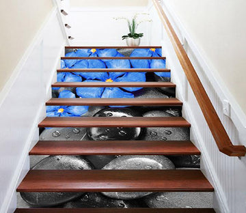 3D Blue Flowers Black Stones 1121 Stair Risers Wallpaper AJ Wallpaper 