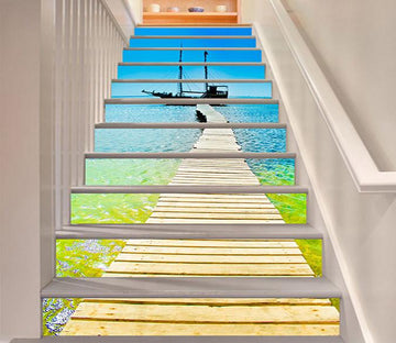 3D Sea Wood Bridge Boat 1021 Stair Risers Wallpaper AJ Wallpaper 