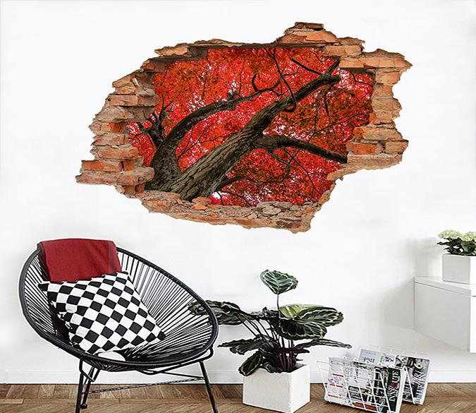 3D Tree Red Leaves 199 Broken Wall Murals Wallpaper AJ Wallpaper 