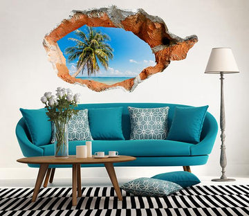 3D Blue Sea Coconut Tree 110 Broken Wall Murals Wallpaper AJ Wallpaper 
