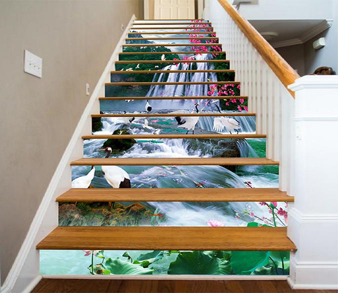 3D Waterfall Cranes 1415 Stair Risers Wallpaper AJ Wallpaper 