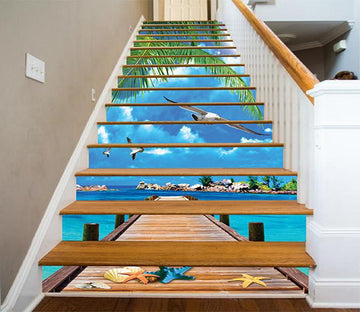 3D Blue Sea Wood Bridge 1286 Stair Risers Wallpaper AJ Wallpaper 