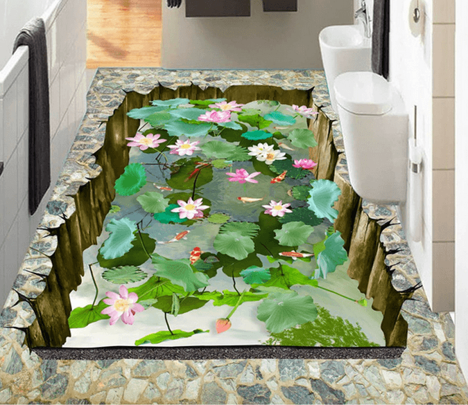 3D Hole Lotus Pond Floor Mural Wallpaper AJ Wallpaper 2 