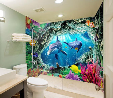 3D Ocean Dolphins Cave 6 Bathroom Wallpaper Wallpaper AJ Wallpaper 