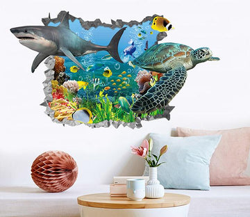 3D Ocean Shark And Turtle 184 Broken Wall Murals Wallpaper AJ Wallpaper 