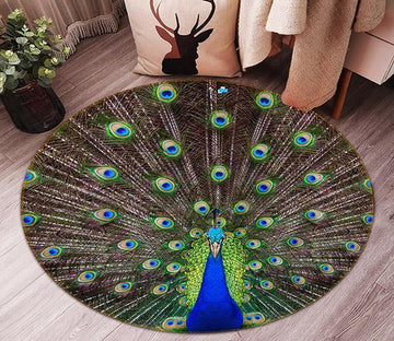 3D Spreading Tail Peacock 96 Round Non Slip Rug Mat Mat AJ Creativity Home 