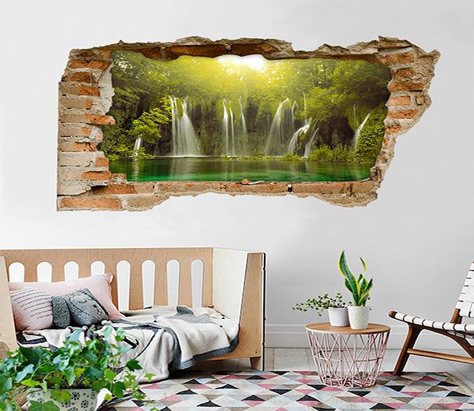 3D Forest Lake Waterfalls 123 Broken Wall Murals Wallpaper AJ Wallpaper 