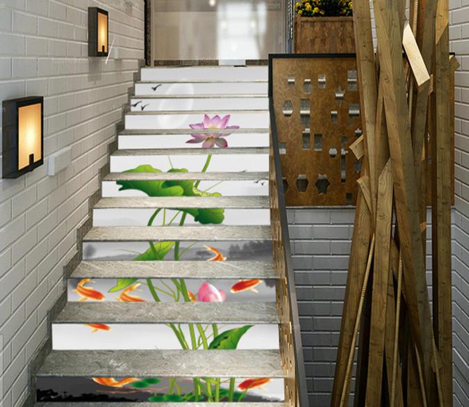 3D Lake Lotus Flowers And Fishes 112 Stair Risers Wallpaper AJ Wallpaper 