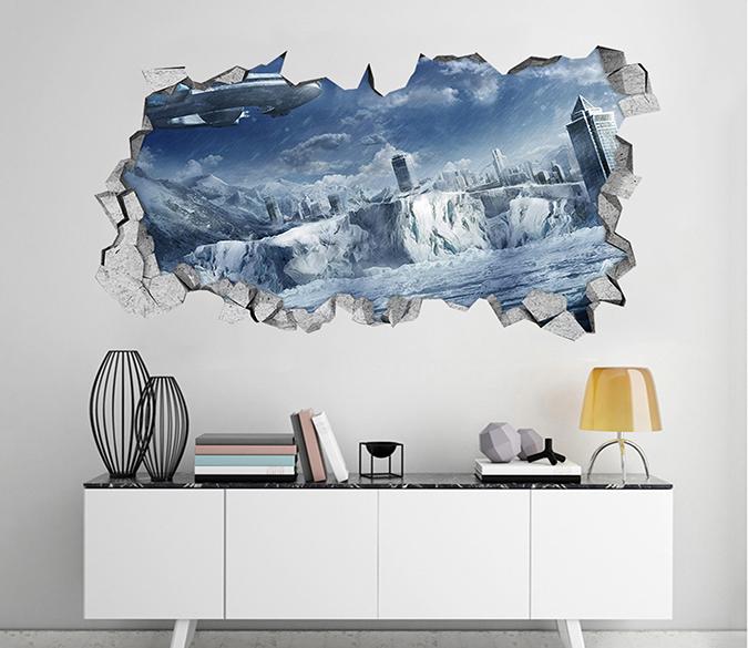 3D Snowing City UFO 160 Broken Wall Murals Wallpaper AJ Wallpaper 