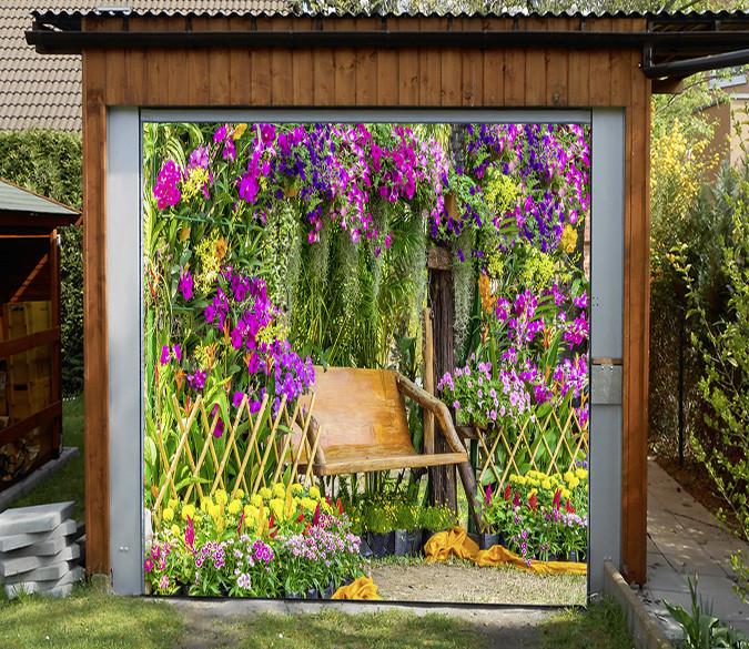 3D Flowers Fence Bench 128 Garage Door Mural Wallpaper AJ Wallpaper 