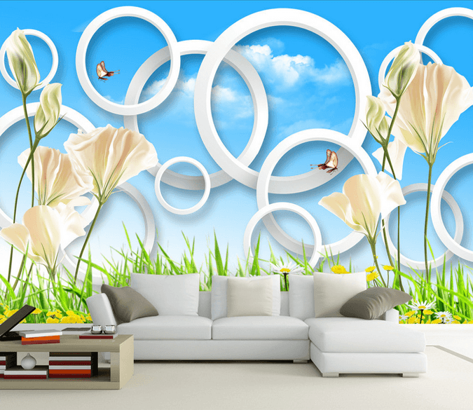 White Flowers And Circles Wallpaper AJ Wallpaper 