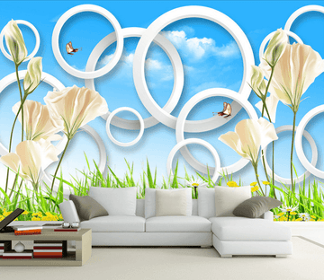 White Flowers And Circles Wallpaper AJ Wallpaper 