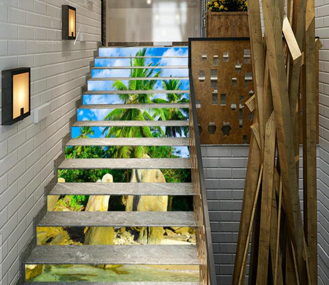 3D Beach Stones And Trees 122 Stair Risers Wallpaper AJ Wallpaper 