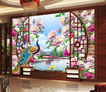 3D Window Flowers Peacock Wallpaper AJ Wallpaper 1 