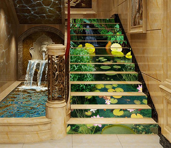 3D River Pond Lotus Fishes 1426 Stair Risers Wallpaper AJ Wallpaper 