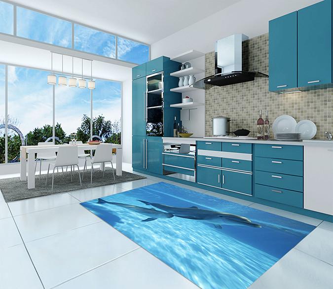 3D Sea Swimming Dolphins Kitchen Mat Floor Mural Wallpaper AJ Wallpaper 