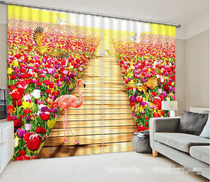 3D Flowers Field Birds 1236 Curtains Drapes Wallpaper AJ Wallpaper 