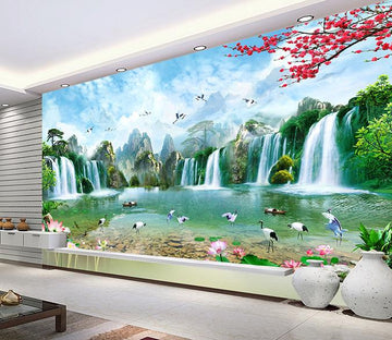 3D Waterfall Fisherman Crane 320 Wallpaper AJ Wallpaper 