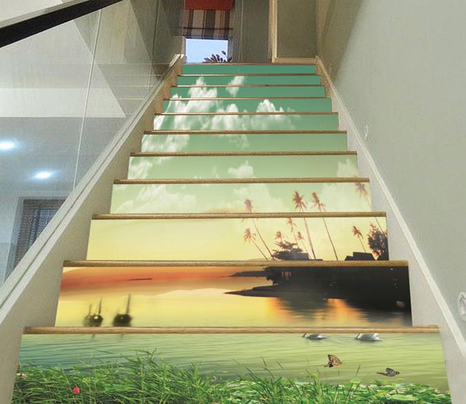 3D Lake Sunset Scenery 3 Stair Risers Wallpaper AJ Wallpaper 