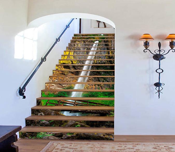 3D Waterfall Wood Bridge 1149 Stair Risers Wallpaper AJ Wallpaper 