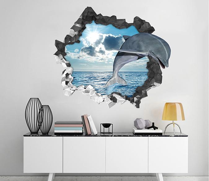 3D Sea Lovely Dolphin 82 Broken Wall Murals Wallpaper AJ Wallpaper 