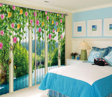 3D Lake Pillars Flowers Curtains Drapes Wallpaper AJ Wallpaper 