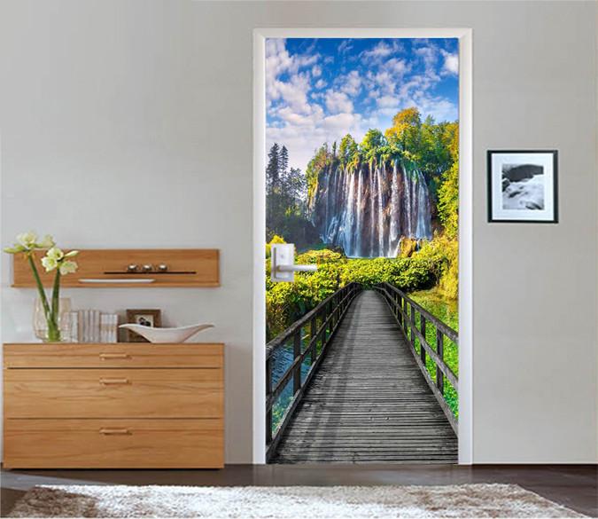 3D Waterfall Wood Bridge 69 Door Mural Wallpaper AJ Wallpaper 