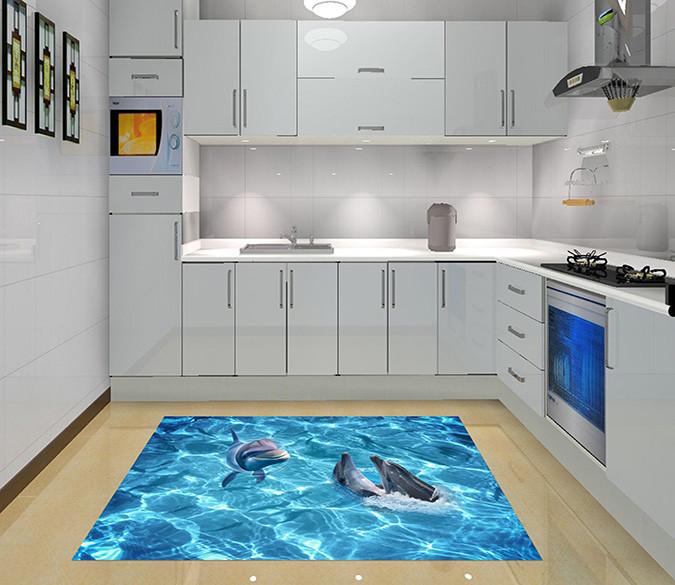 3D Blue Sea Dolphins Kitchen Mat Floor Mural Wallpaper AJ Wallpaper 