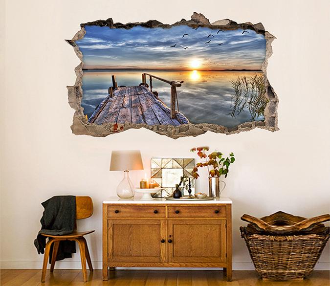 3D Sea Wood Corridor Sunset 333 Broken Wall Murals Wallpaper AJ Wallpaper 