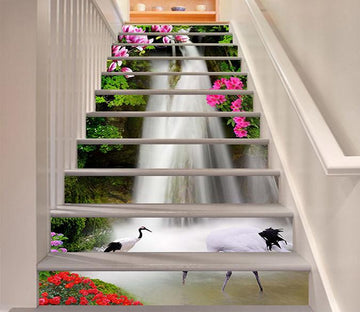 3D Waterfall Flowers Cranes 1638 Stair Risers Wallpaper AJ Wallpaper 