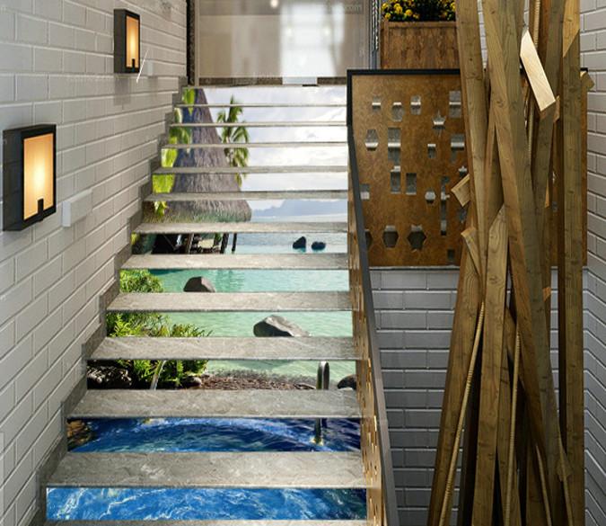 3D Seaside Pool 203 Stair Risers Wallpaper AJ Wallpaper 