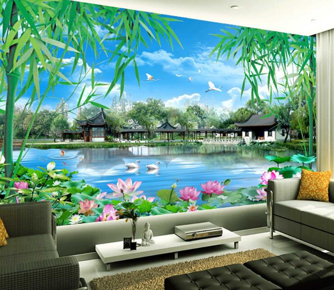 3D Pond Bamboo Pavilion And Lotus Wallpaper AJ Wallpaper 1 