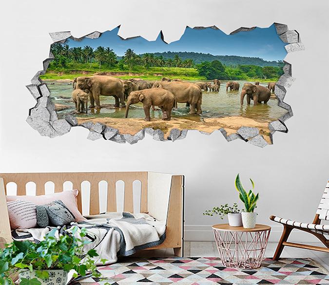 3D River Elephants 302 Broken Wall Murals Wallpaper AJ Wallpaper 