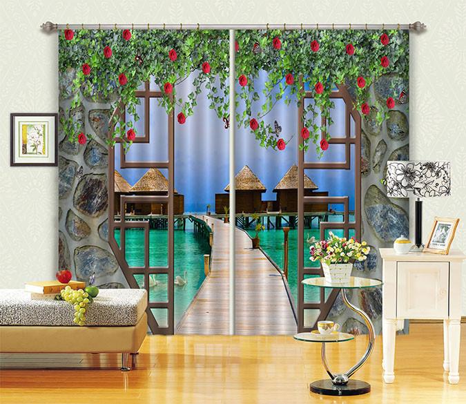 3D Bricks Door Sea Pavilions Curtains Drapes Wallpaper AJ Wallpaper 