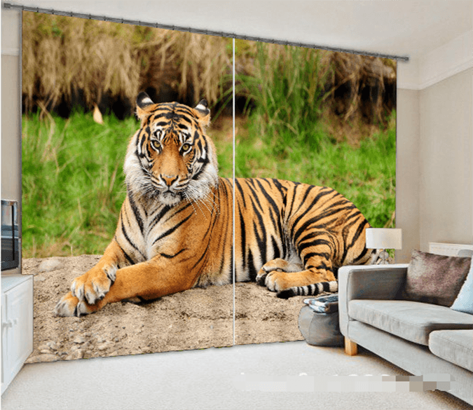 3D Lawn Resting Tiger 1028 Curtains Drapes Wallpaper AJ Wallpaper 